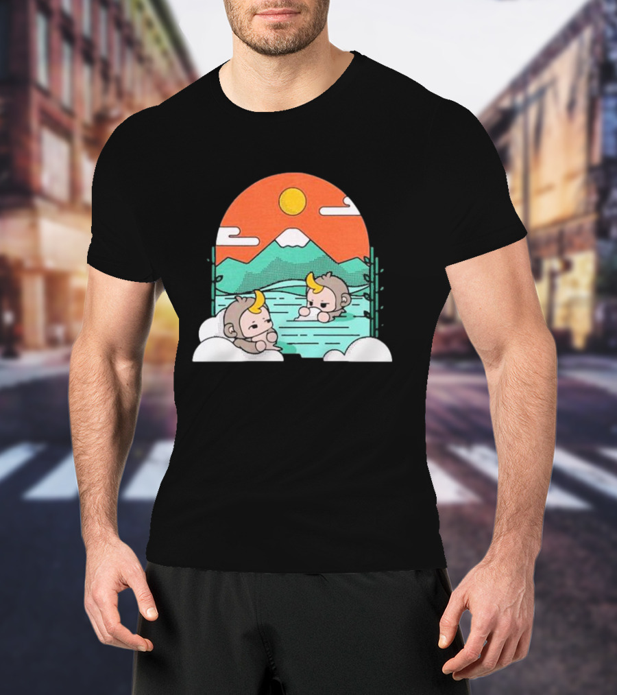 Cdawgva Tranquil Monkeys In Hot Springs With Mountains And Sunset T-Shirt