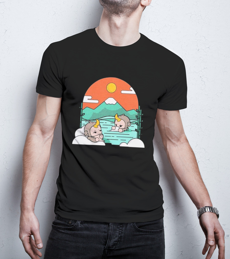 Cdawgva Tranquil Monkeys In Hot Springs With Mountains And Sunset T-Shirt