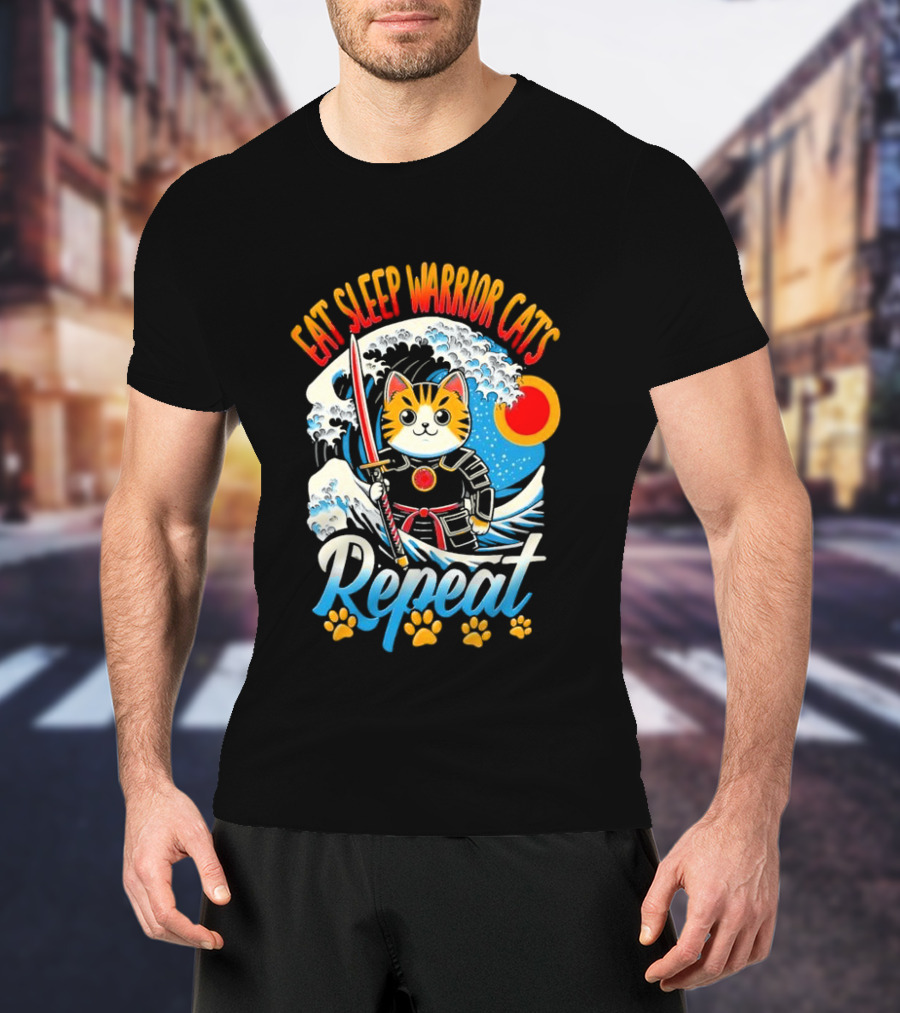 Eat Sleep Warrior Cats Repeat Great Wave Samurai Cat T-Shirt
