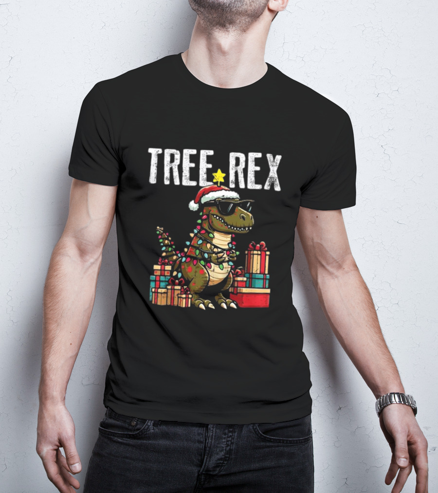 Christmas Dinosaur Tree Rex Xmas Trex Santa Hat And Presents T-Shirt