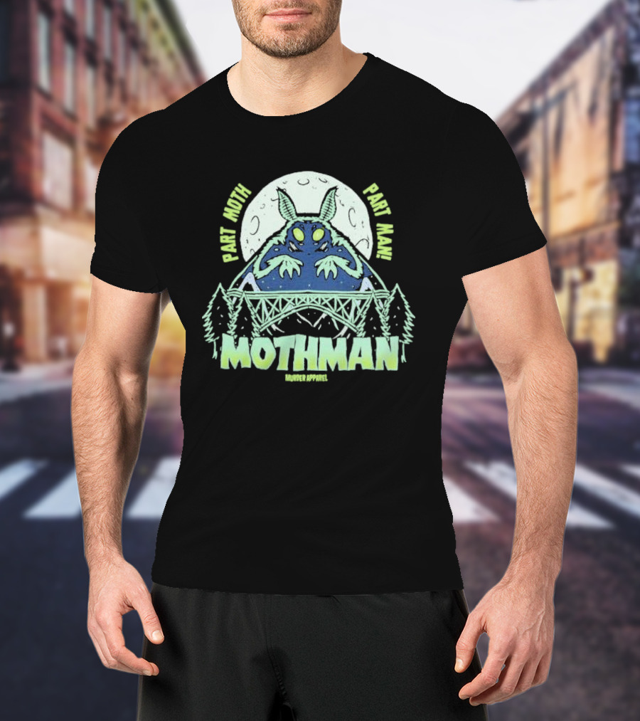 Part Moth Part Man Mothman Retro Murder Apparel Moon Bridge Forest T-Shirt