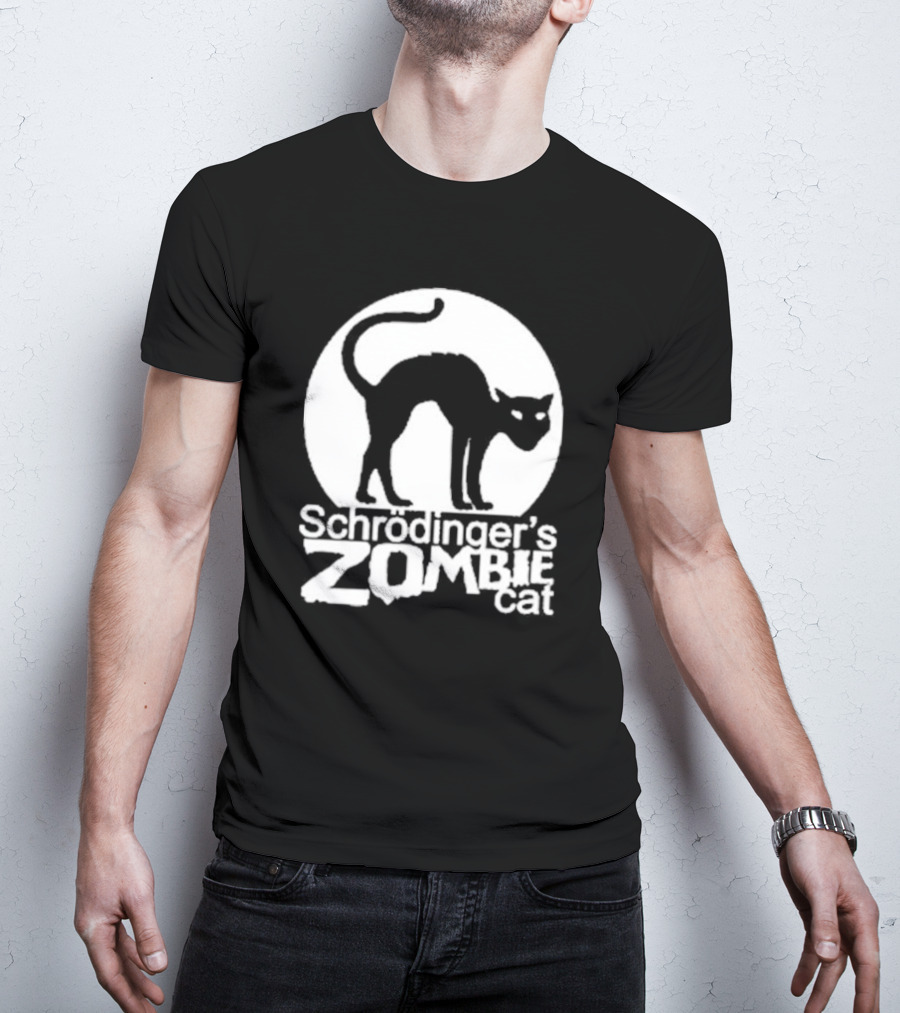 Schrodinger's Zombie Cat Black Silhouette With Round Moon Background T-Shirt