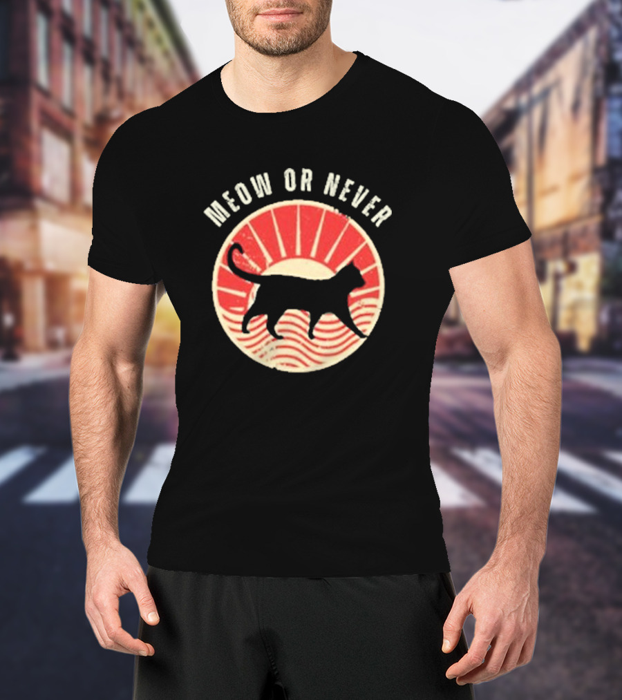 Meow Or Never Retro Sunset Cat T-Shirt
