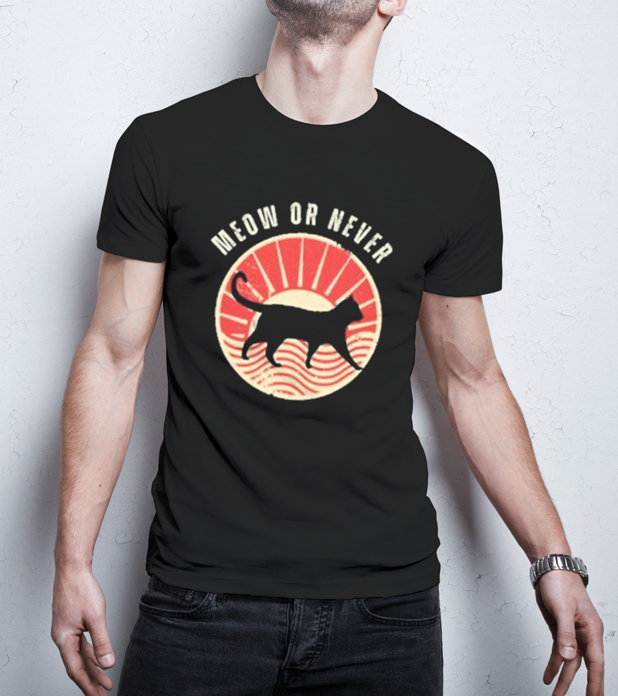 Meow Or Never Retro Sunset Cat T-Shirt