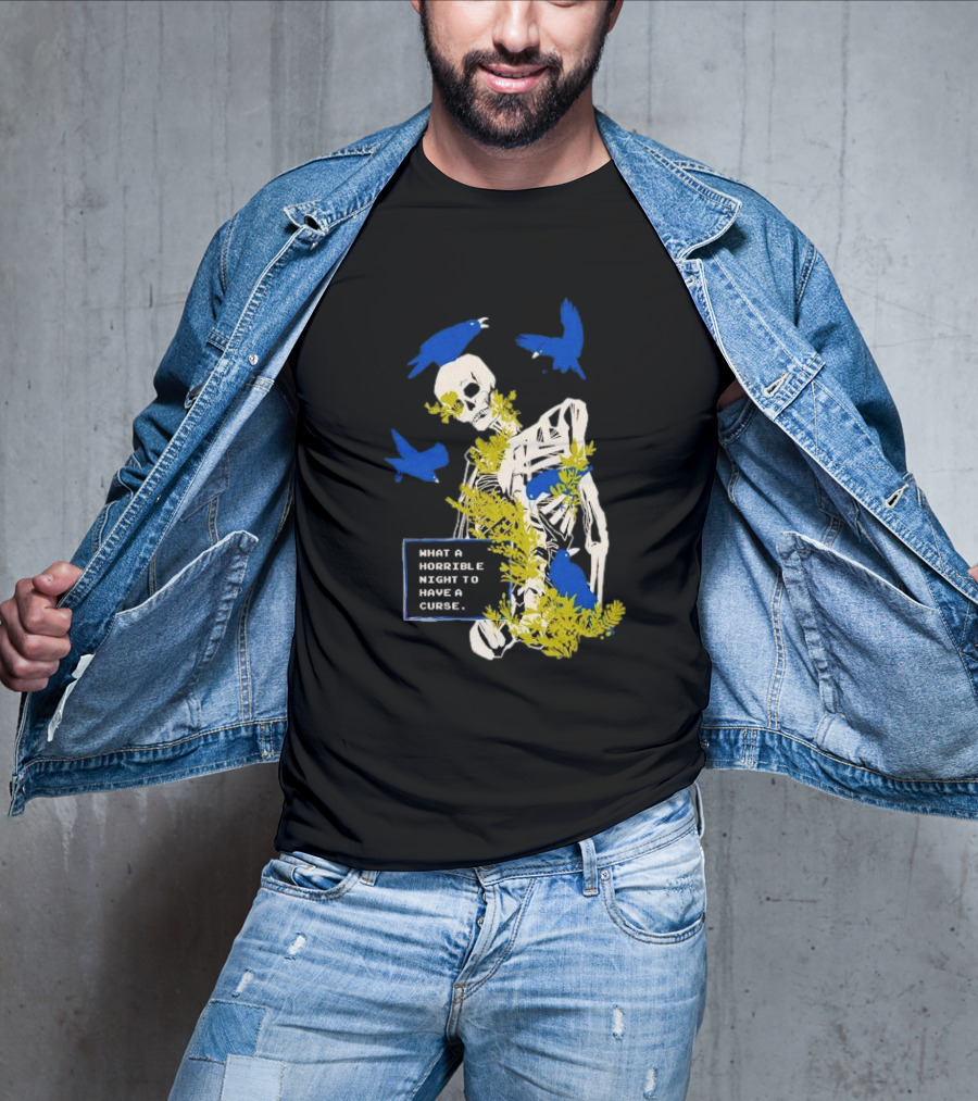 Bandage Brigade Skeleton With Blue Birds And Vines What A Horrible Night To Have A Curse T-Shirt