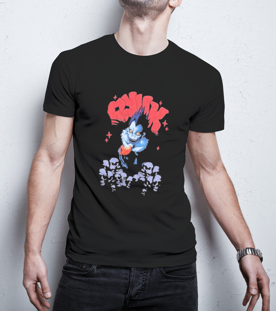 Death Note Ryuk Skull Puff Print Character With Red Spiked Lettering And Skulls T-Shirt