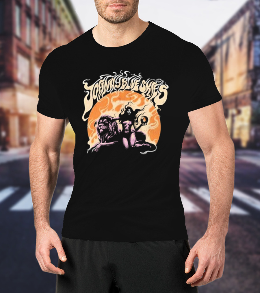 Johnny Blue Skies Sorceress With Lion Orange Background T-Shirt