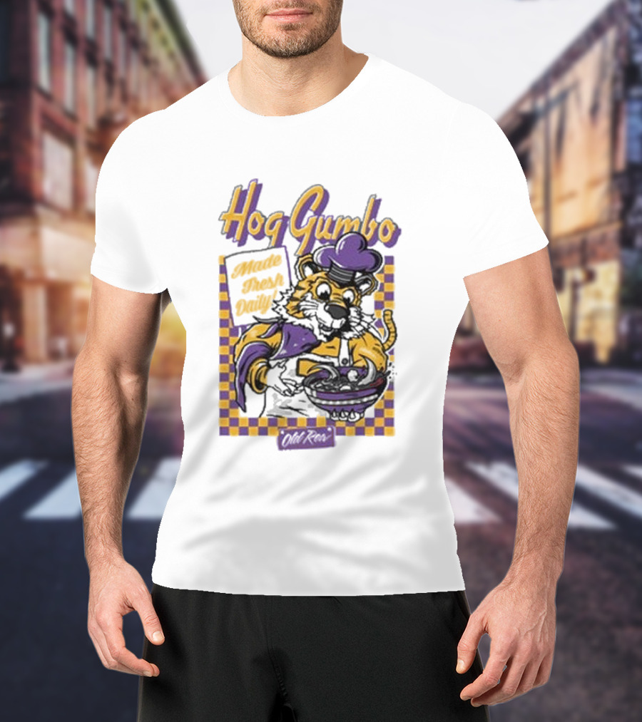 Old Row Hog Gumbo Made Fresh Daily Tiger Chef Purple Gold Checkered T-Shirt