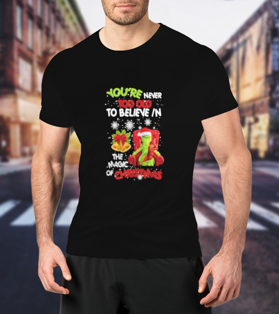 You're Never Too Old To Believe In The Magic Of Christmas With Santa Hat And Chair T-Shirt