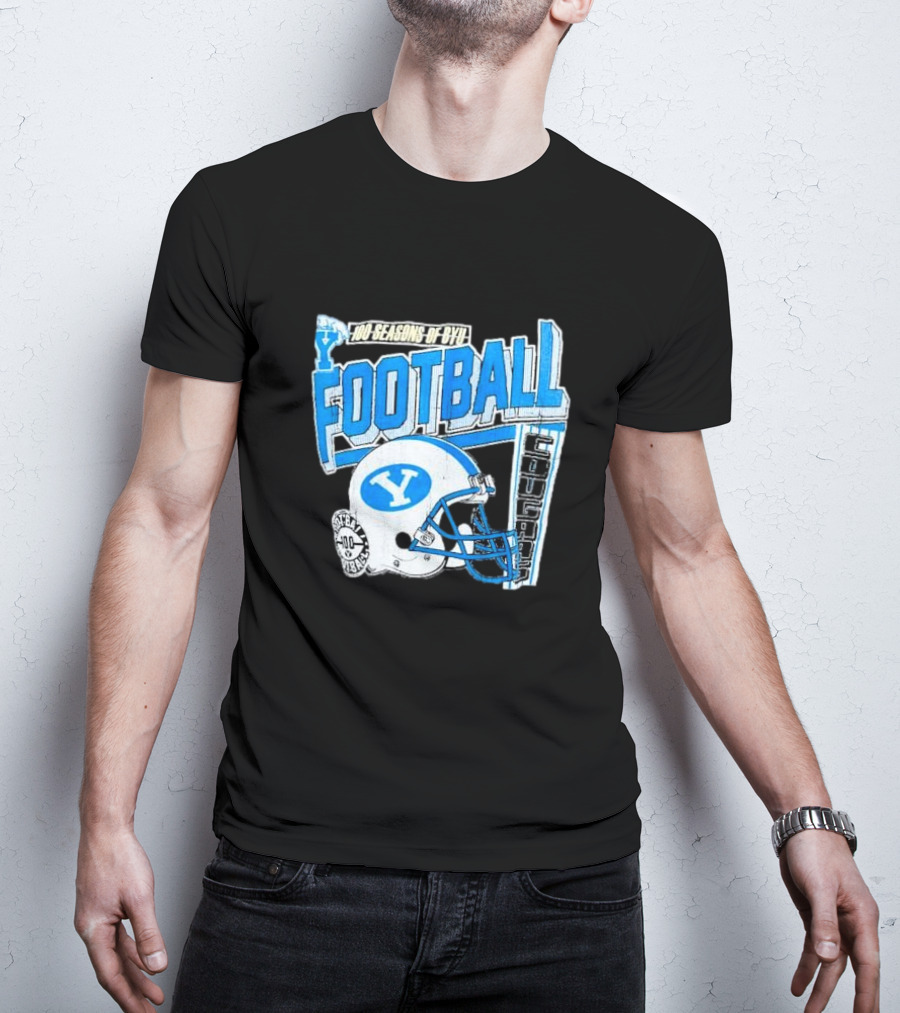 100 Seasons Of BYU Football Cougars Helmet Royal Army Brand T-Shirt