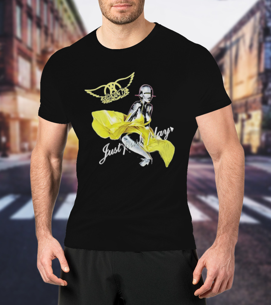 Aerosmith Just Push Play Logo With Futuristic Figure And Yellow Dress T-Shirt