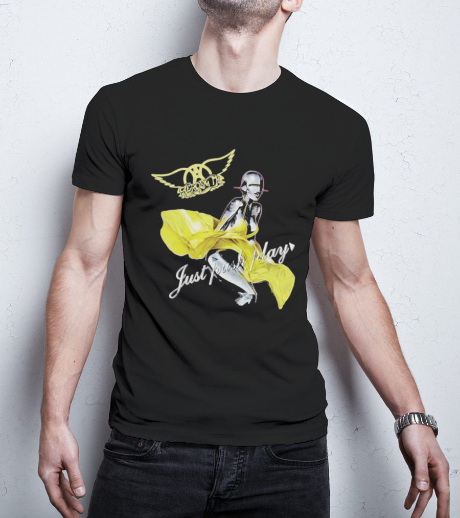 Aerosmith Just Push Play Logo With Futuristic Figure And Yellow Dress T-Shirt