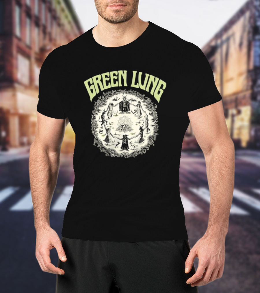 Green Lung Mystic Circle Ritual Scene With Figures And Central Fire T-Shirt