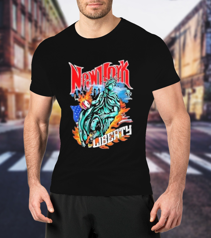 New York Liberty Statue Of Liberty With Flames And American Flag Basketball T-Shirt