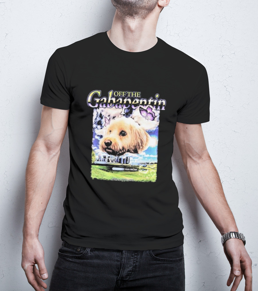 Off The Gabapentin Dog Floating Above Clouds And Stonehenge With Butterflies T-Shirt