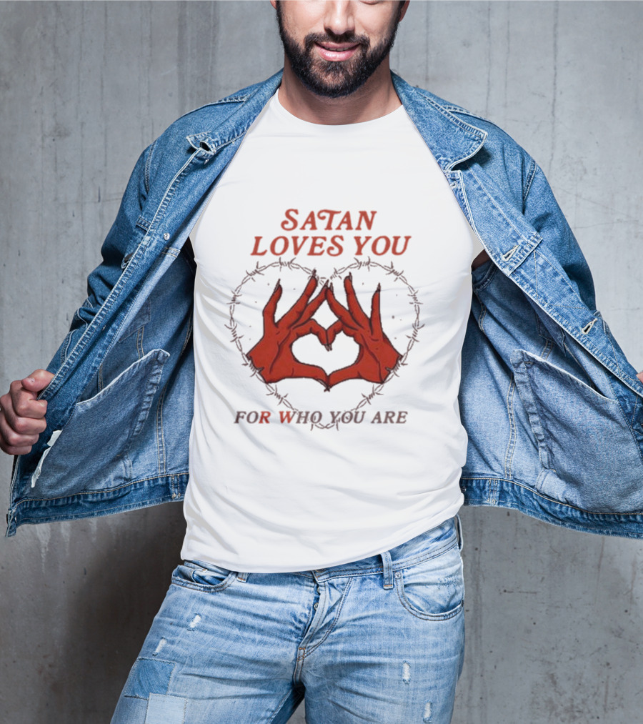 Satan Loves You For Who You Are Heart Hand Gesture Barbed Wire T-Shirt