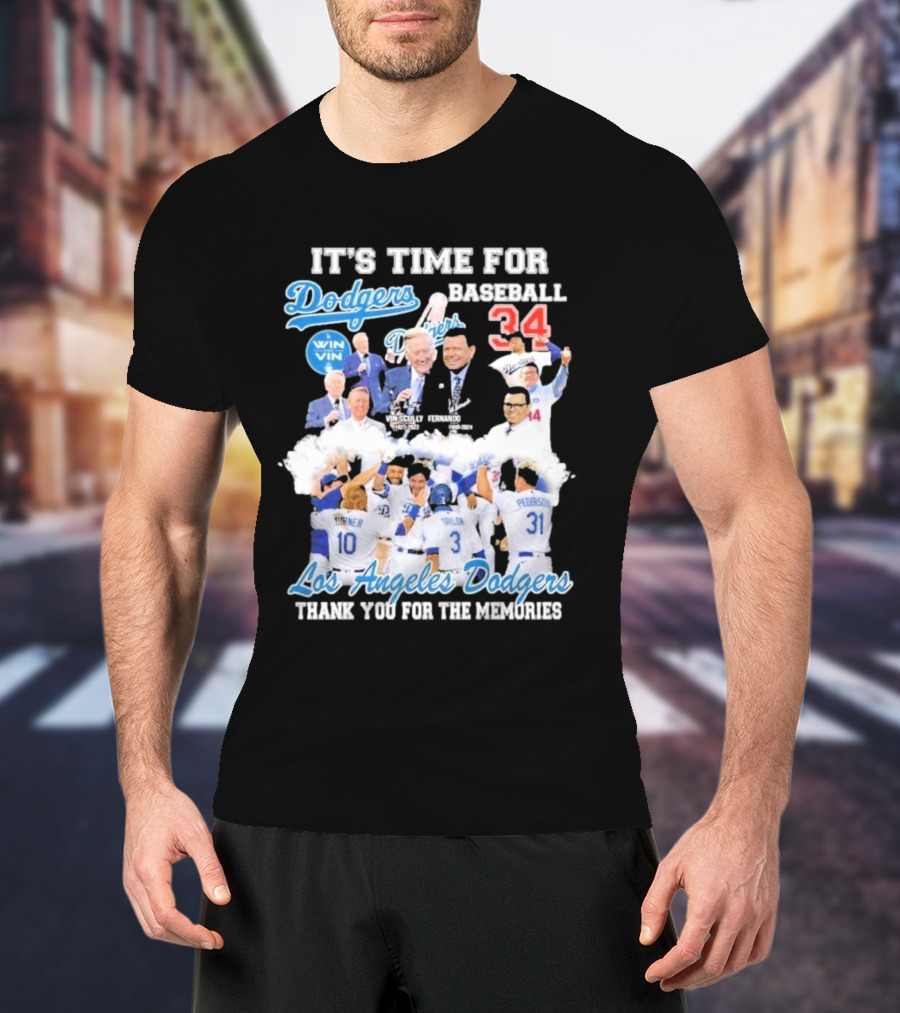 IT'S TIME FOR BASEBALL LOS ANGELES DODGERS VIN SCULLY FERNANDO VALENZUELA 34 THANK YOU FOR THE MEMORIES T-Shirt