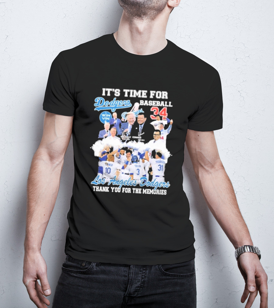 IT'S TIME FOR BASEBALL LOS ANGELES DODGERS VIN SCULLY FERNANDO VALENZUELA 34 THANK YOU FOR THE MEMORIES T-Shirt