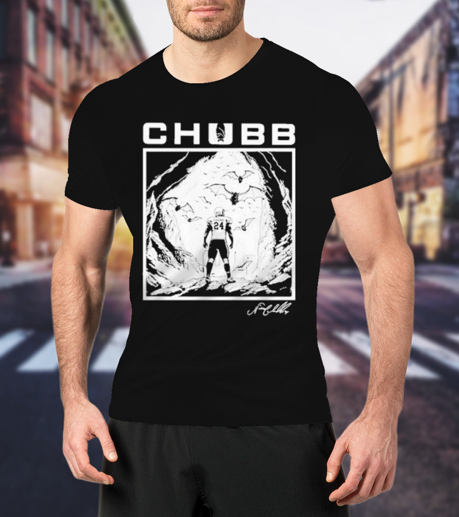 Chubb 24 Cleveland Football Bat Cave Fantasy Scene T-Shirt