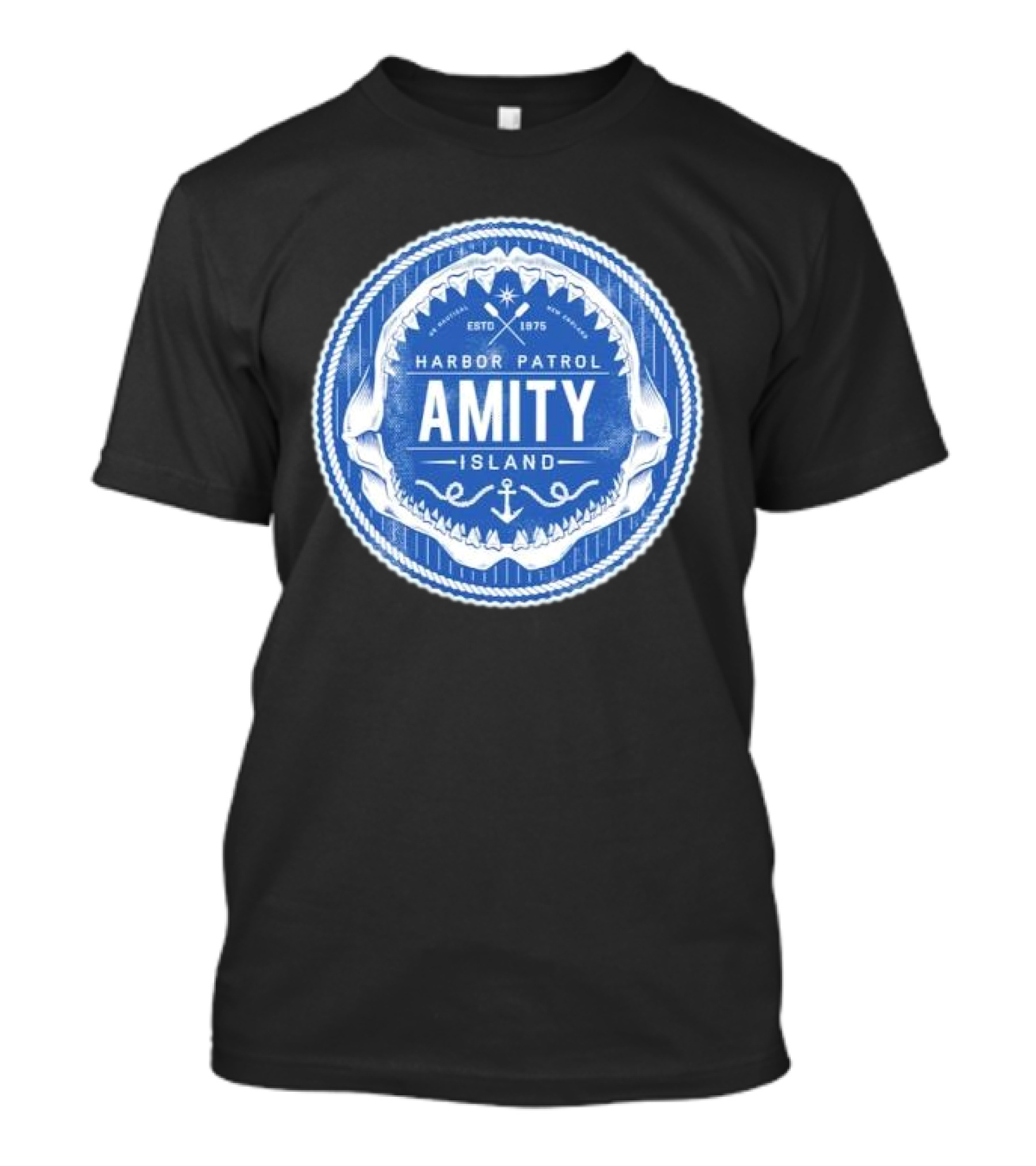 Amity Island Harbor Patrol ESTD 1975 Shark Jaw Anchor Badge T-Shirt