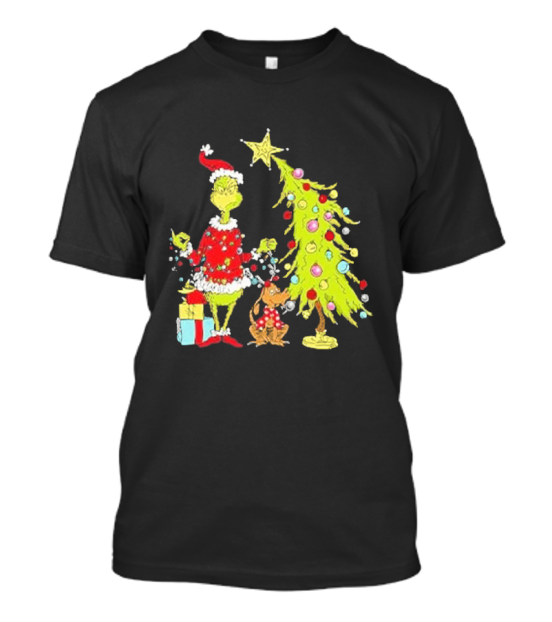 Grinch Christmas Tree With Santa Hat And Max By Presents T-Shirt