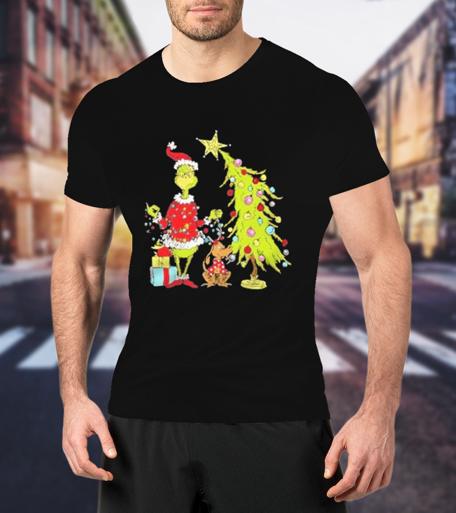 Grinch Christmas Tree With Santa Hat And Max By Presents T-Shirt