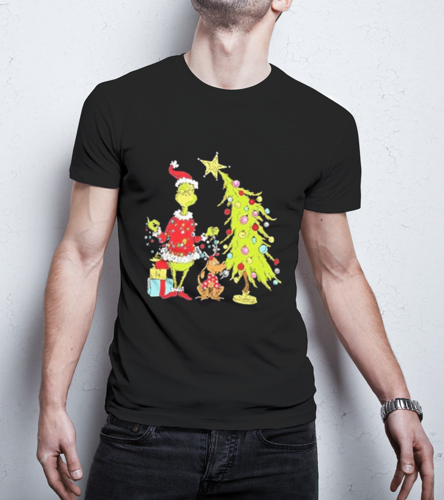 Grinch Christmas Tree With Santa Hat And Max By Presents T-Shirt