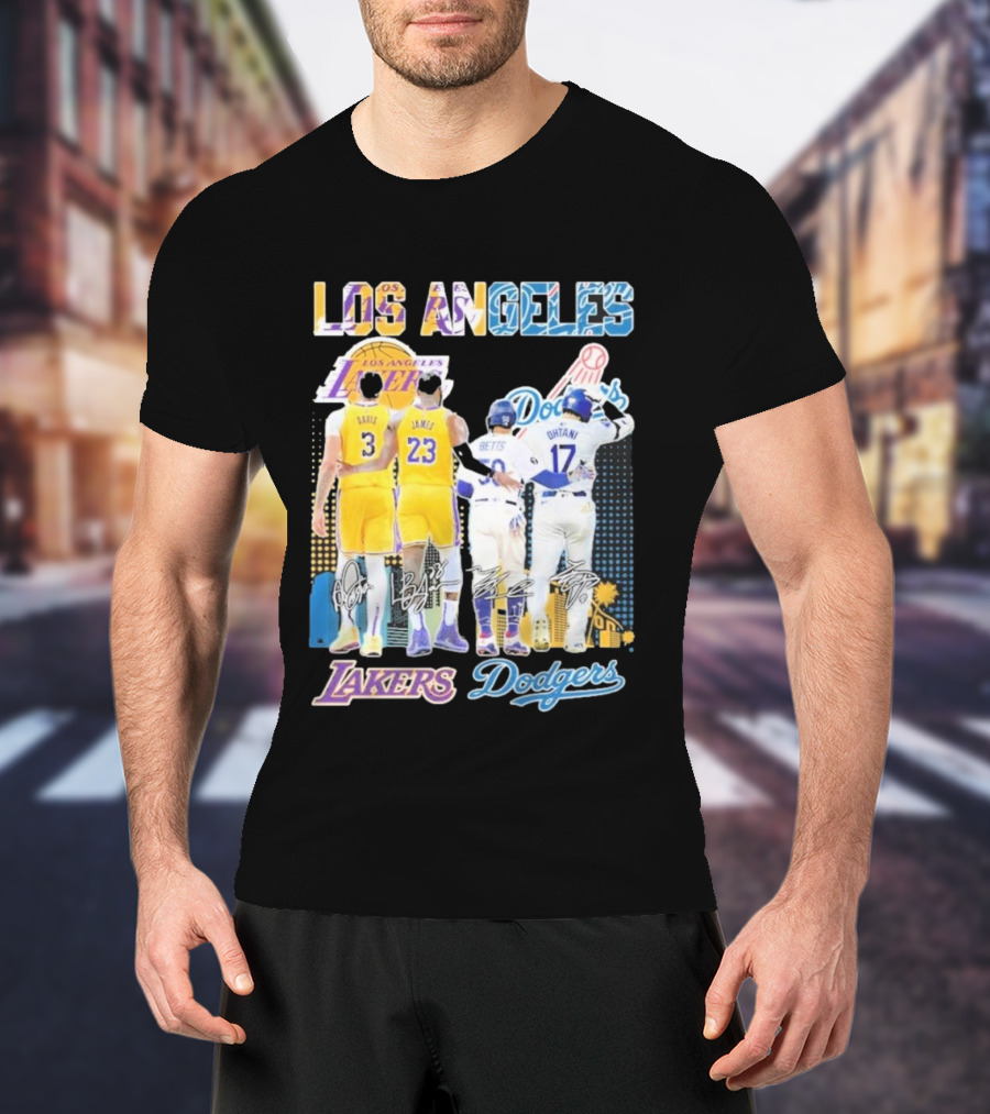 Los Angeles Lakers Dodgers LeBron James Anthony Davis Mookie Betts Freddie Freeman Signatures T-Shirt