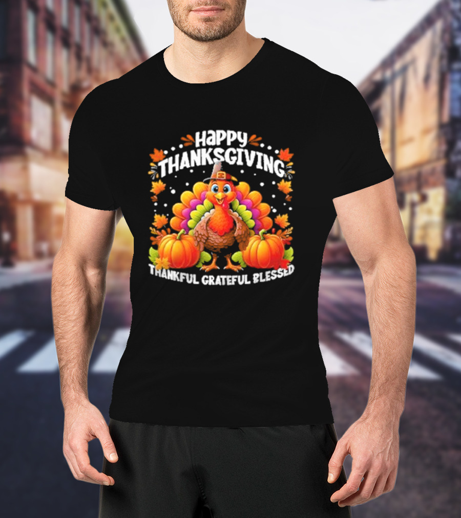 Happy Thanksgiving Turkey Thankful Grateful Blessed With Pumpkins And Autumn Leaves T-Shirt