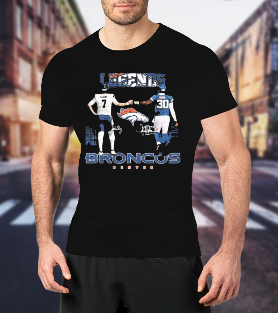 Denver Broncos Legends Elway Davis Signature Football Duo T-Shirt