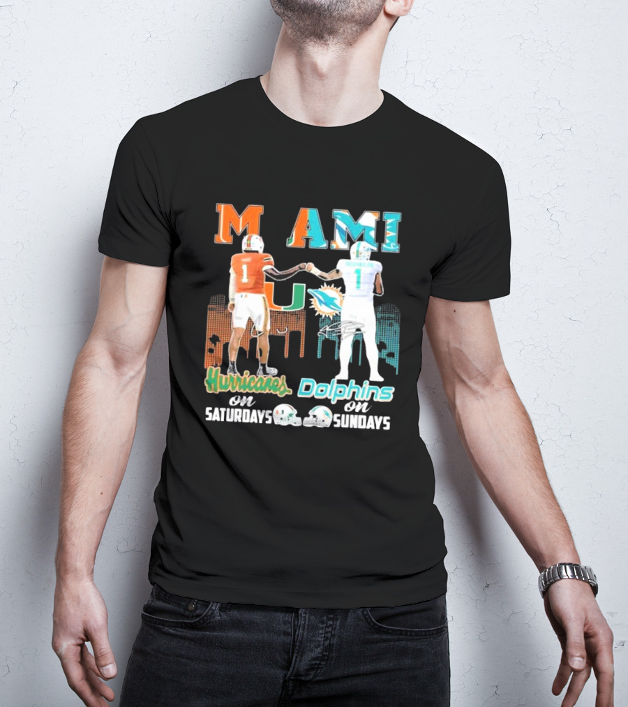 Miami Hurricanes On Saturdays Dolphins On Sundays T-Shirt