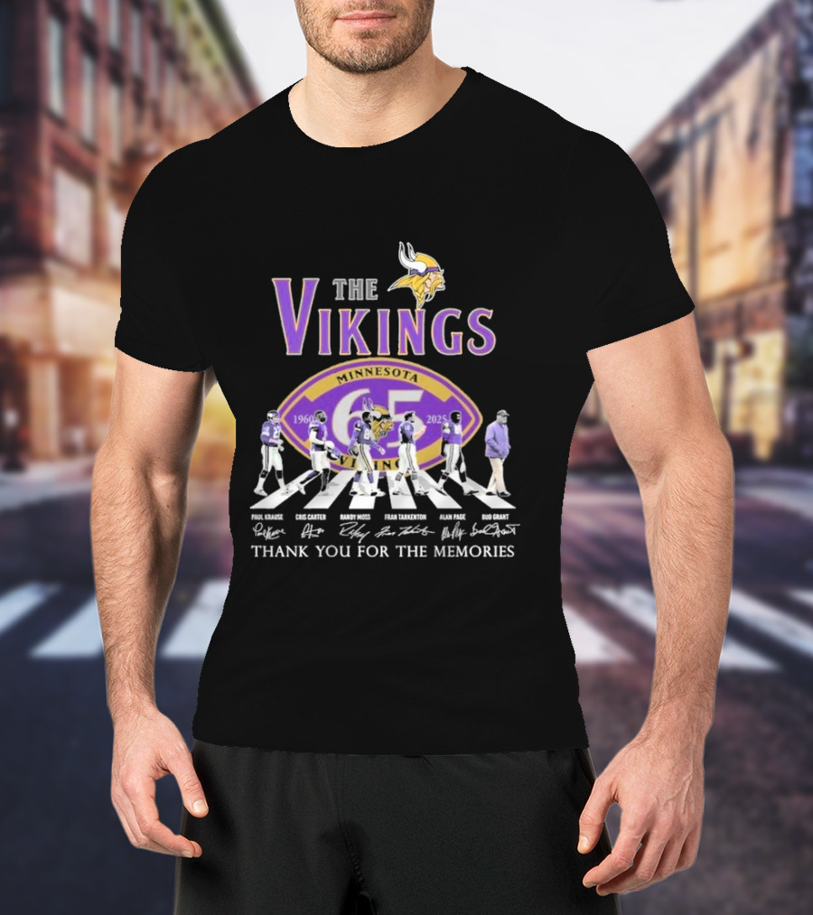 Minnesota Vikings Thank You For The Memories 1960-2025 Paul Krause Chris Carter Randy Moss Fran Tarkenton Alan Page Bud Grant T-Shirt