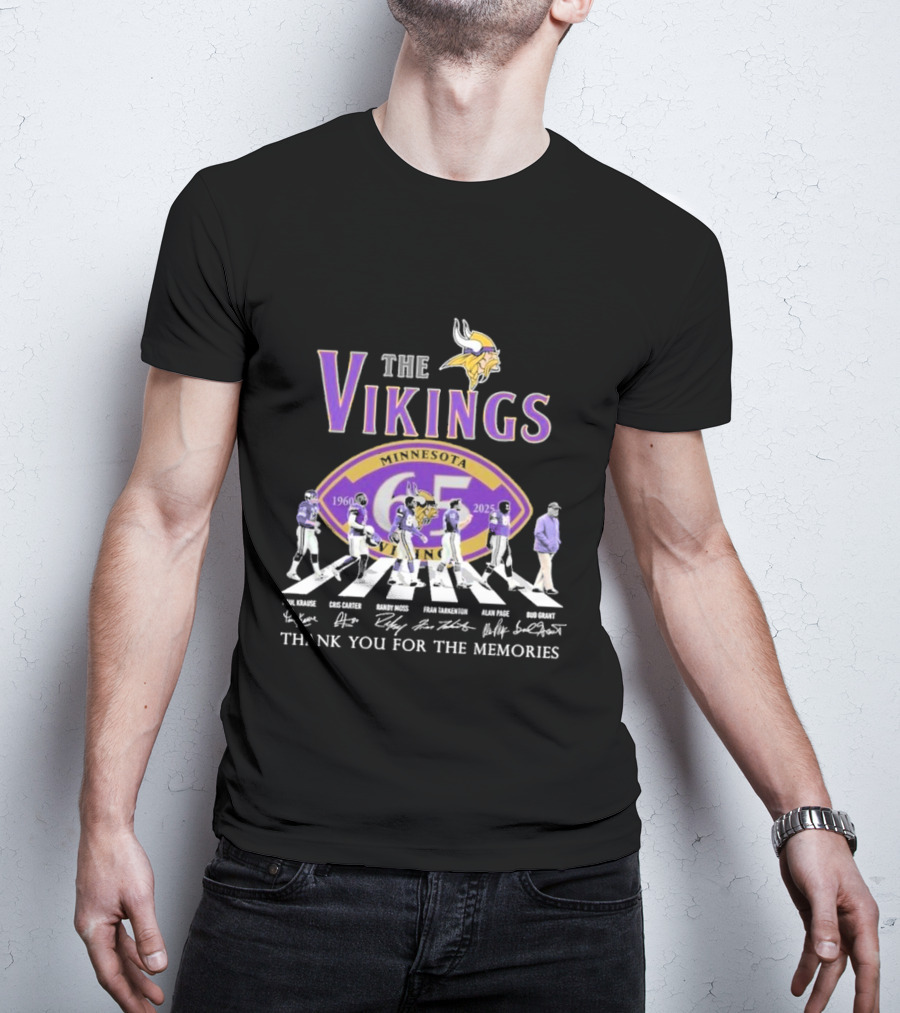 Minnesota Vikings Thank You For The Memories 1960-2025 Paul Krause Chris Carter Randy Moss Fran Tarkenton Alan Page Bud Grant T-Shirt