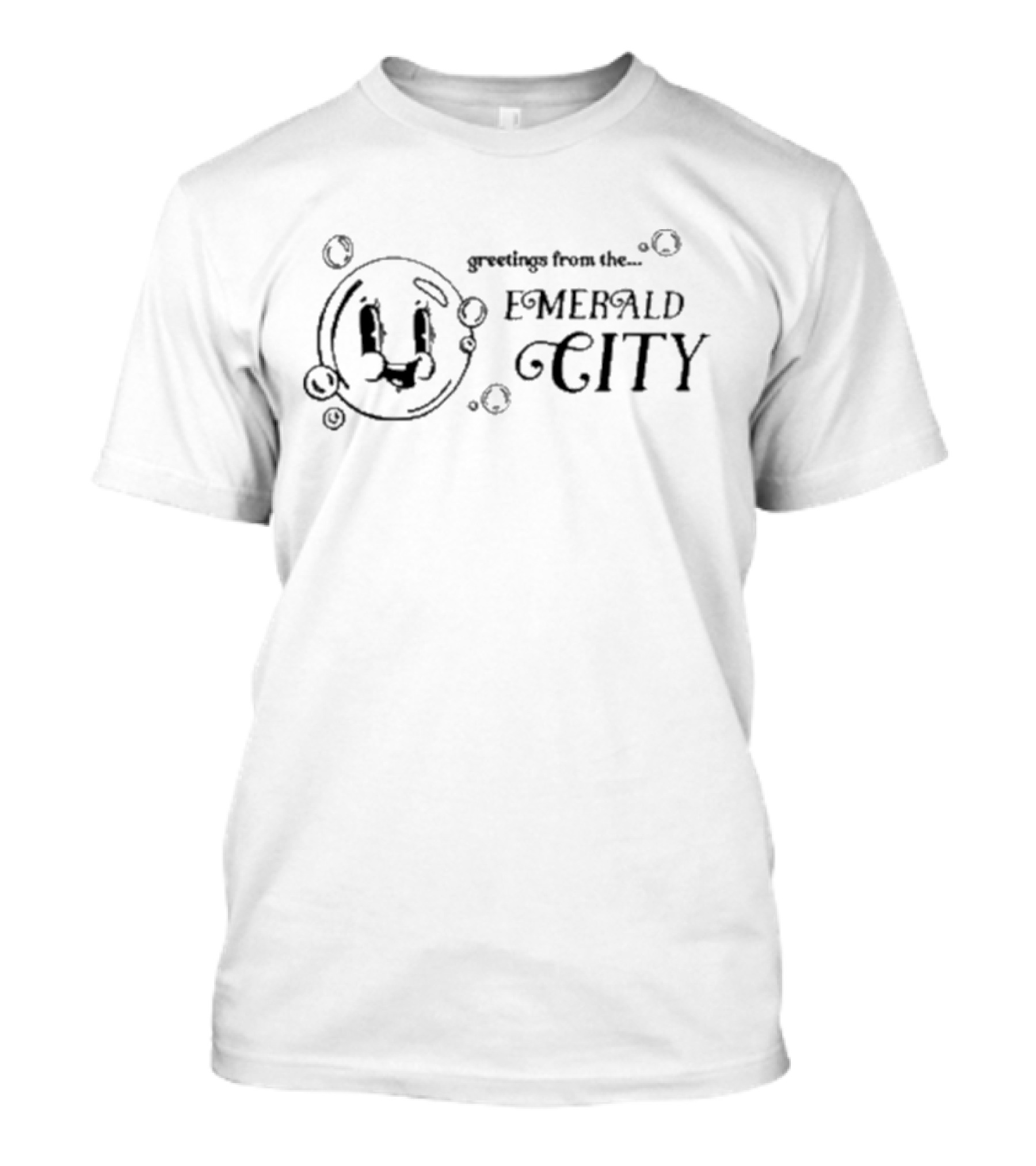 Greetings From The Emerald City Cartoon Smiley Face Bubbles T-Shirt