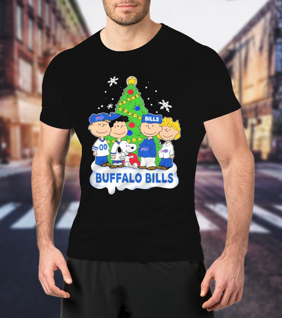 Buffalo Bills Snoopy Christmas Tree Peanuts Characters Holiday Scene T-Shirt