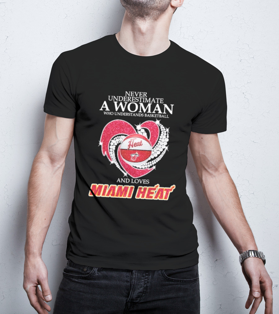 Never Underestimate A Woman Who Understands Basketball And Loves Miami Heat With Red Heart And Basketball T-Shirt