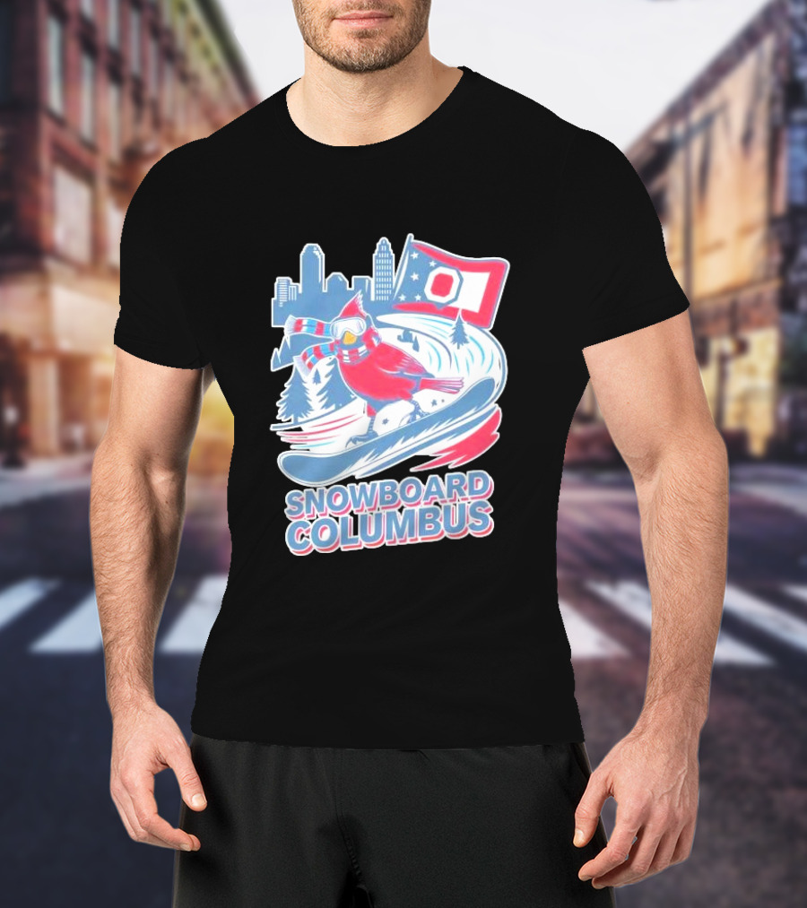 Snowboard Columbus Cardinal USA Snowboarding Animal Skyline Flag T-Shirt