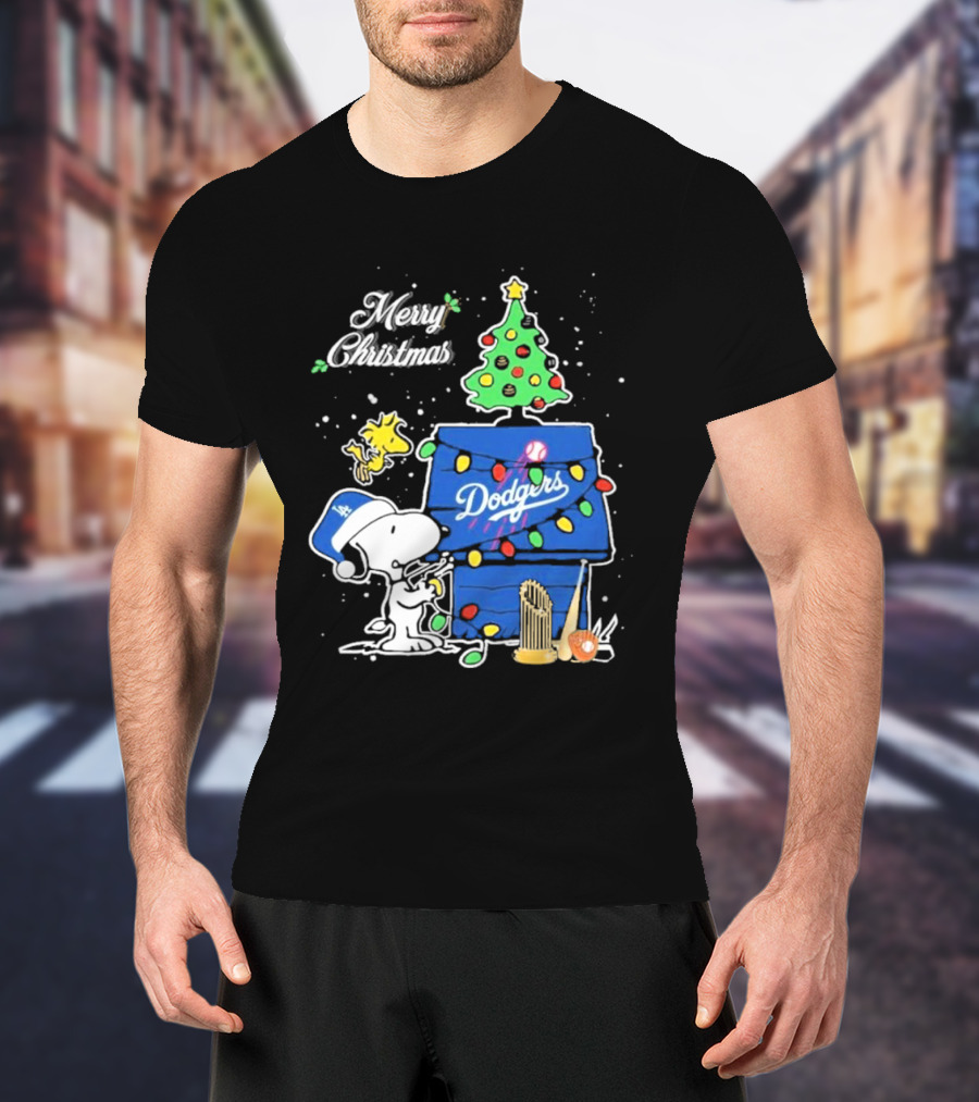 Merry Christmas Snoopy Los Angeles Dodgers Tree Lights Woodstock T-Shirt