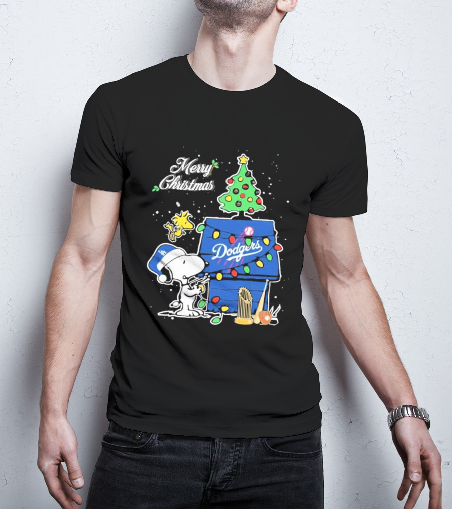 Merry Christmas Snoopy Los Angeles Dodgers Tree Lights Woodstock T-Shirt