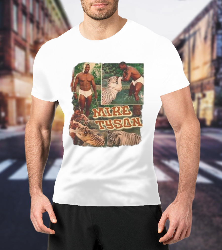 Mike Tyson With Tigers Vintage 90s Style Collage T-Shirt