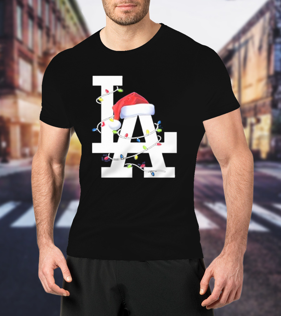 Los Angeles LA Merry Christmas Santa Hat Lights Holiday 2D T-Shirt