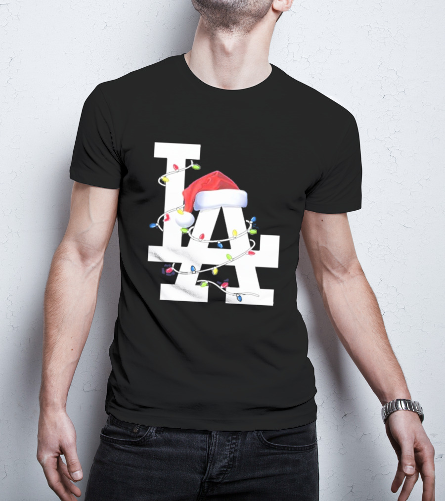 Los Angeles LA Merry Christmas Santa Hat Lights Holiday 2D T-Shirt