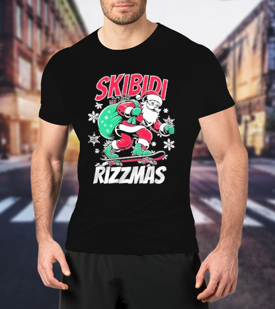 Skibidi Rizzmas Santa Claus Skateboarding Christmas T-Shirt