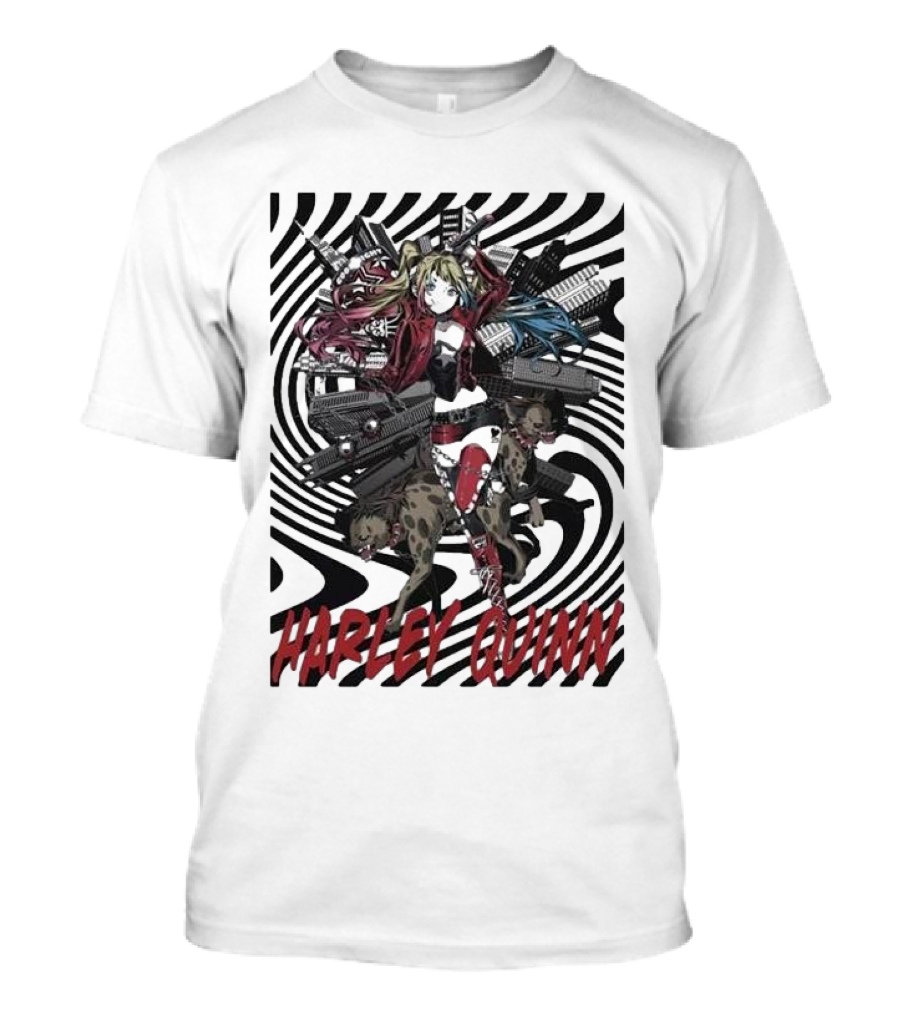 HARLEY QUINN Black And White Spiral With Hyenas T-Shirt