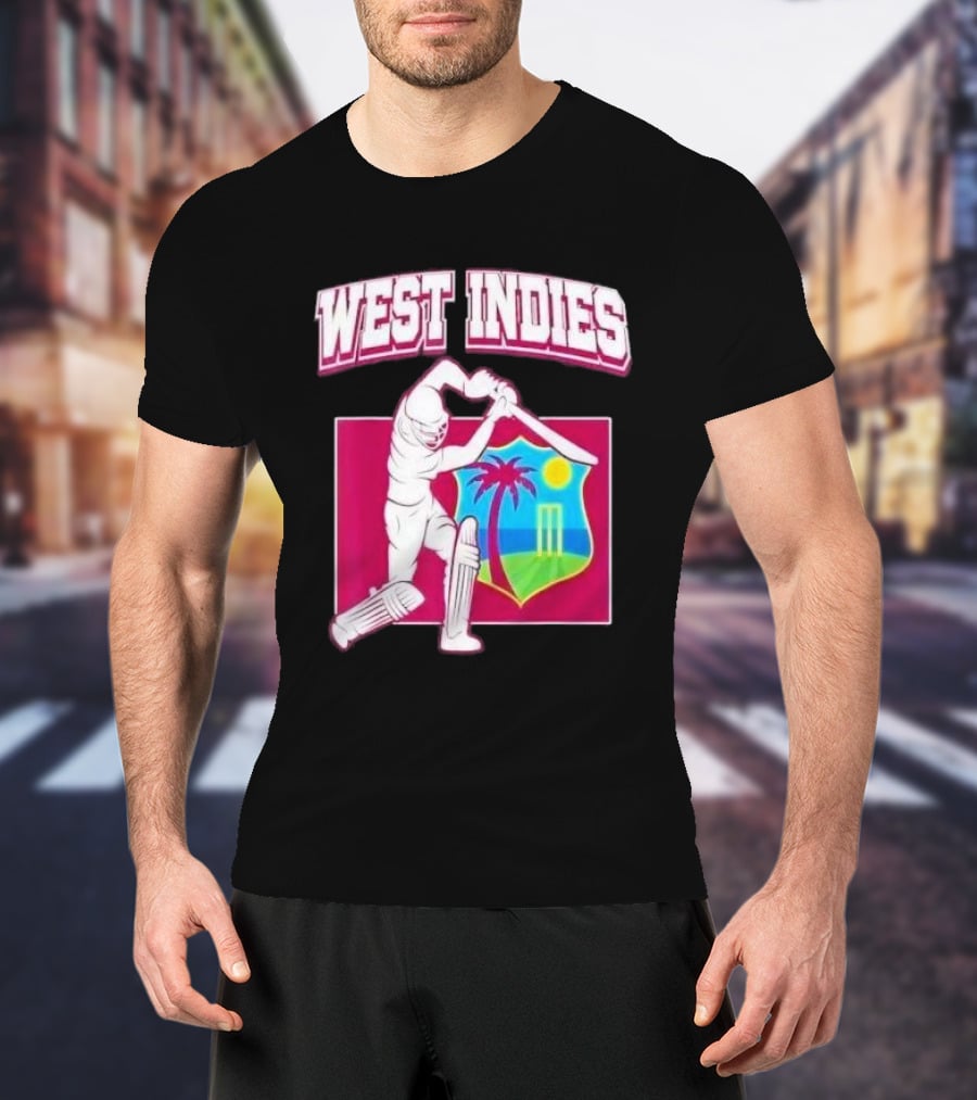 West Indies Cricket Windies Logo Batsman Palm Tree Stumps Sun Crest T-Shirt