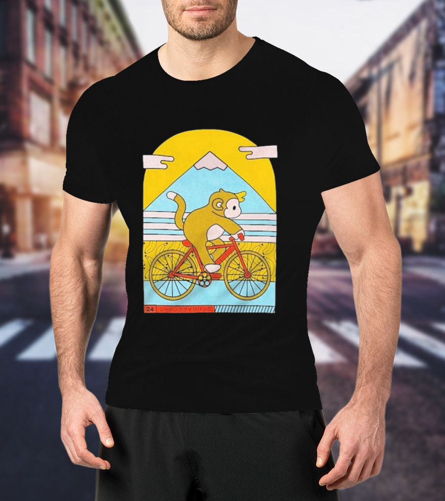 CDAWGVA Cycle Pullover Monkey Riding Bike With Mountain Background T-Shirt