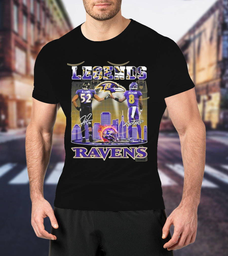 Baltimore Ravens Legends Ray Lewis 52 X Lamar Jackson 8 Signature T-Shirt