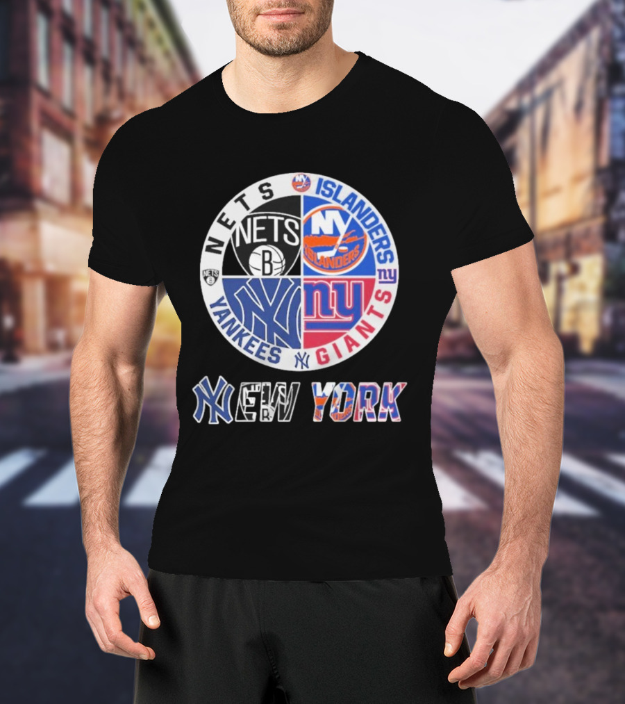 Brooklyn Nets New York Yankees Giants Islanders New York Multisport Team Circle T-Shirt