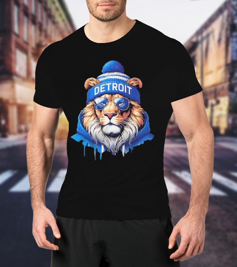 Detroit Lions Football 2025 New Season Cool Lion In Blue Beanie And Shades T-Shirt