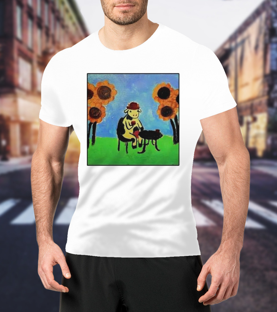 Cow Painting With Sunflowers And Tea Party Scene T-Shirt